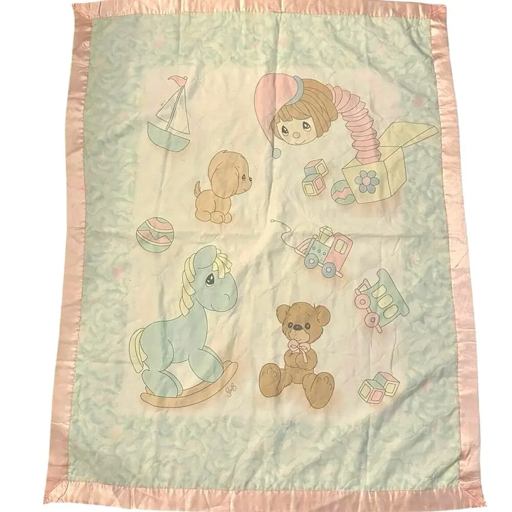 Vintage 80‘s Precious Moments Toys Theme Baby Blanket Crib Blanket Quilt Pastels